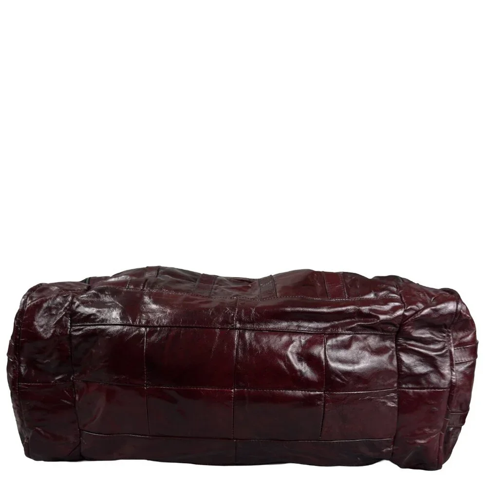 Vintage Patchwork Leather Duffel Bag Burgundy Weekend Travel Shoulder Strap